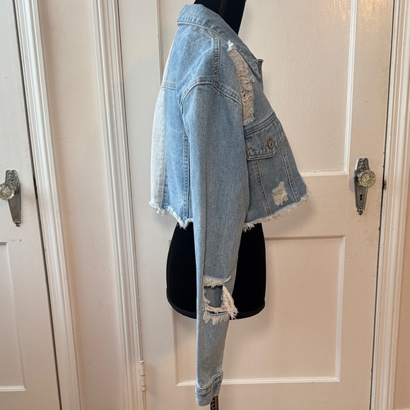 SHEIN Blue Two Tone Distressed Denim Jacket Women’s Size L - Picture 4 of 14